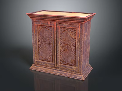 Vintage Wooden Cabinet With Carved Double Doors Intricate Sunburst Patterns And Smooth Top Surface 3d model