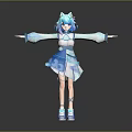 Anime Game Character With Blue Hair Cat Ears And Arms Outstretched In Blue White Dress