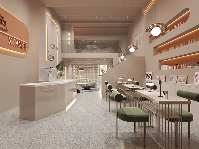Modern Beauty Salon Interior Design With Front Desk Green Chairs Mirrors And Product Shelves 3d model