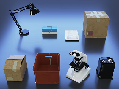 Workspace Items Including Desk Lamp Blue Box Papers Microscope Red Bin And Boxes 3d model