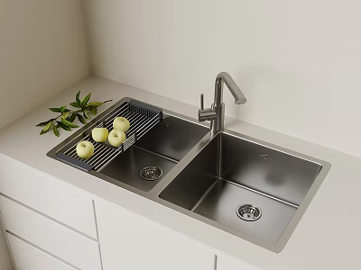 Double Bowl Stainless Steel Kitchen Sink with Drying Rack Apples and Green Leaves White Countertop 3d model