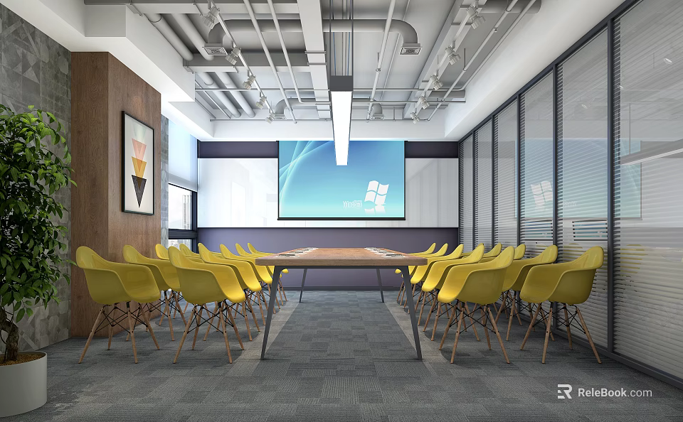 Modern Conference Room With Yellow Chairs Long Table Glass Partitions And Large Screen 3d model 