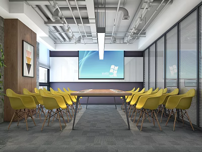 Modern Conference Room With Yellow Chairs Long Table Glass Partitions And Large Screen 3d model