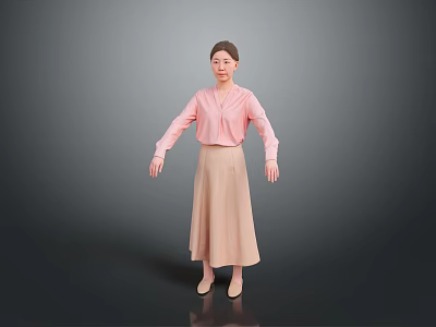Woman wearing pink shirt and beige long skirt in standing pose against simple gray background 3d model