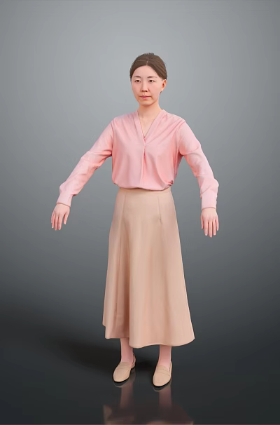 Woman wearing pink shirt and beige long skirt in standing pose against simple gray background 3d model
