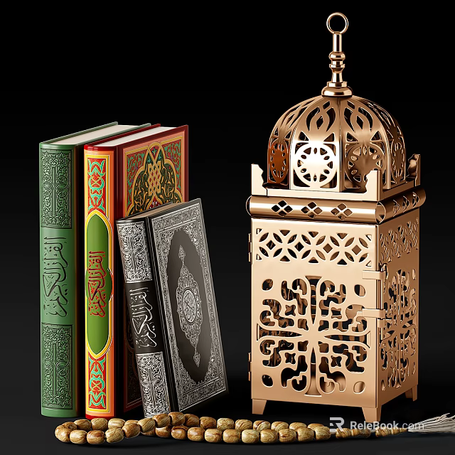 Vintage Decorative Books With Intricate Patterns And Golden Ornate Lantern 3d model 