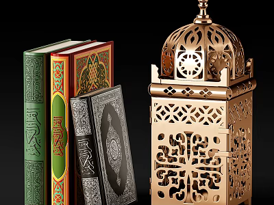 Vintage Decorative Books With Intricate Patterns And Golden Ornate Lantern 3d model