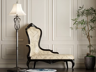 Elegant Carved Chaise Lounge With Beige Black Upholstery Paneled Walls Floor Lamp And Potted Plant 3d model