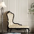 Elegant Carved Chaise Lounge With Beige Black Upholstery Paneled Walls Floor Lamp And Potted Plant