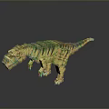 Gold And Green Blocky Dinosaur Model With Pixelated Design On Gray Gradient Background With Reflection