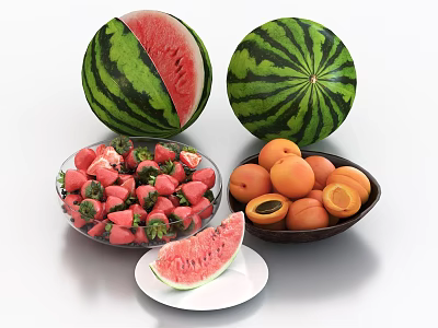 Fresh Watermelon Strawberries And Apricots With Sliced Whole Fruits In Bowls And On Plate 3d model