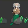 White Haired Mermaid Character Sitting On Rock With Green Plants And Pink Flower