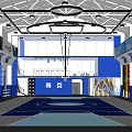 Modern Blue and White Basketball Court With Bright Lighting Scoreboard and Bleachers