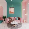 Pastel Living Room Interior With Pink Sofa Teal Walls Green Plants And Round Coffee Table