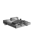 Modern Minimalist Double Bed With Gray Upholstered Frame Pillows Blanket And Side Table 3d model