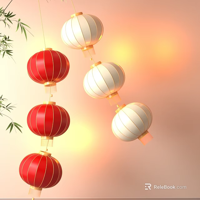 Red And White Hanging Lanterns With Bamboo Leaves And Warm Light Glow 3d model 