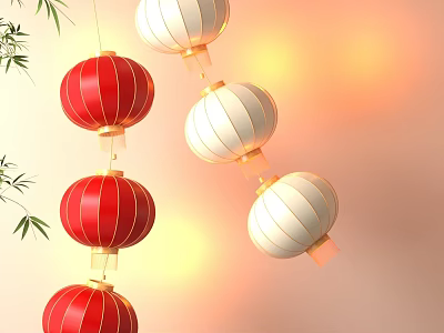 Red And White Hanging Lanterns With Bamboo Leaves And Warm Light Glow 3d model