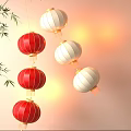 Red And White Hanging Lanterns With Bamboo Leaves And Warm Light Glow