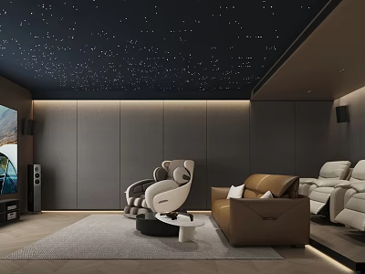 Home Theater Interior Design With Starry Ceiling Gray Walls Brown Sofa And White Massage Chair 3d model