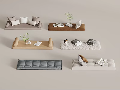 Various Stylish Sofas in Different Colors with Decorative Pillows Magazines and Plants 3d model