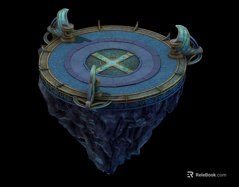 Cartoon Style Floating Round Platform With Central Cross Pattern And Decorative Horns On Rocky Base 3d model 