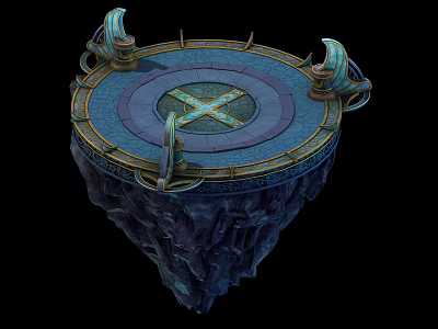 Cartoon Style Floating Round Platform With Central Cross Pattern And Decorative Horns On Rocky Base 3d model