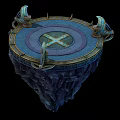 Cartoon Style Floating Round Platform With Central Cross Pattern And Decorative Horns On Rocky Base