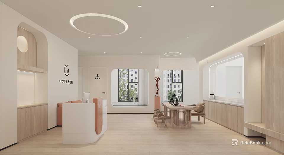 Modern Fitness Studio Interior With Reception Desk And Seating Area 3d model