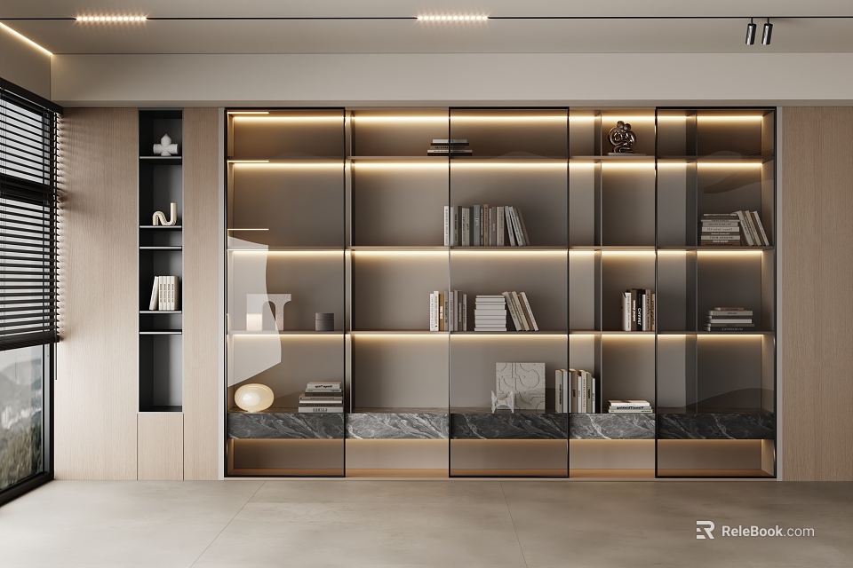 Modern Bookcase With Glass Doors Interior Lighting Books And Decorative Items 3d model 
