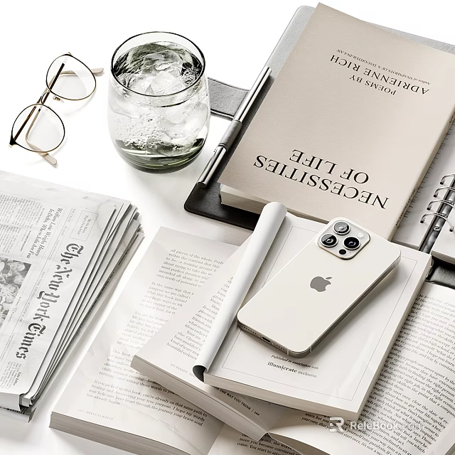 Open Books Newspaper Magazines With White iPhone Pen Glasses Ice On Desk 3d model 