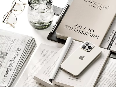 Open Books Newspaper Magazines With White iPhone Pen Glasses Ice On Desk 3d model