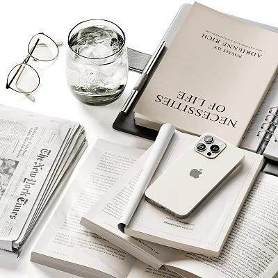 Open Books Newspaper Magazines With White iPhone Pen Glasses Ice On Desk 3d model