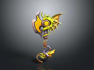 Fantasy Weapon Axe with Green Yellow Dragon Design Intricate Handle and Golden Blade 3d model