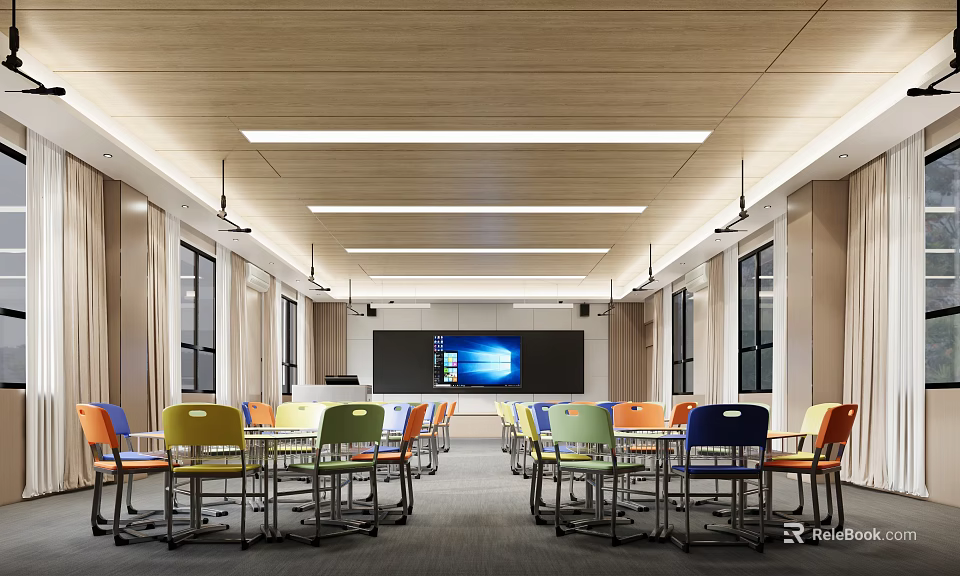 Modern School Classroom With Colorful Chairs Desks Large Screen Wooden Ceiling And Windows 3d model 