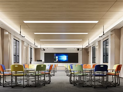 Modern School Classroom With Colorful Chairs Desks Large Screen Wooden Ceiling And Windows 3d model