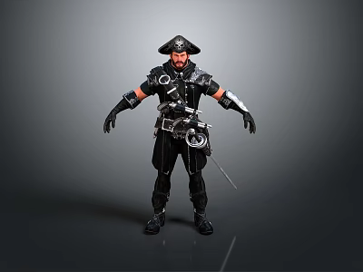 Mechanical Pirate Game Movie Character in Black Outfit with Hat and Sword 3d model