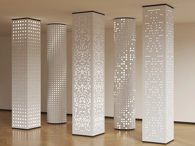 White Perforated Columns With Various Patterns Standing On Modern Indoor Wooden Floor 3d model