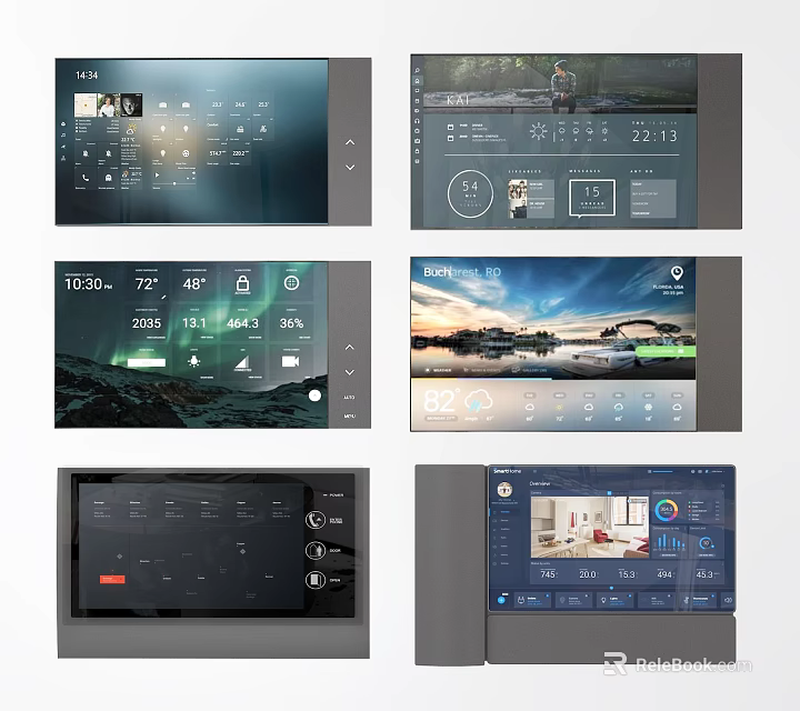 Smart Home Control Interfaces Showing Time Temperature Weather And Room Controls 3d model