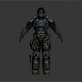 Humanoid Mechanical Character In Blue Black Armor With Helmet And Gear