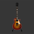 Electric Guitar Musical Instrument With Sunburst Red Brown Body On Black Stand And Fretboard