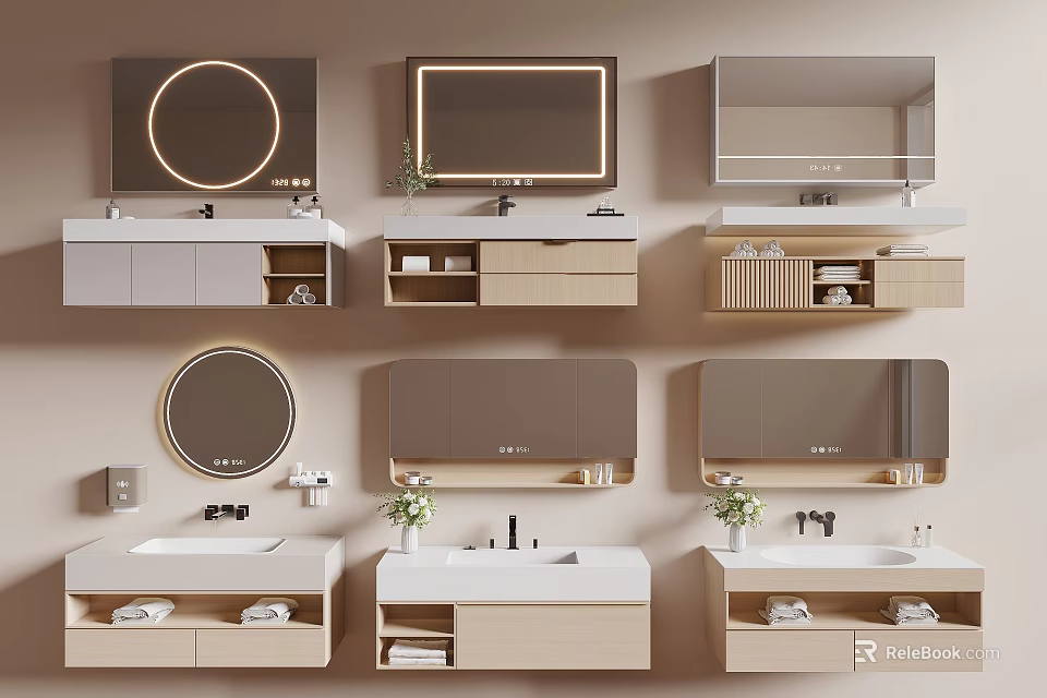 Modern Bathroom Vanity Sinks With Wall Mounted Mirrors Cabinets And Plants 3d model 