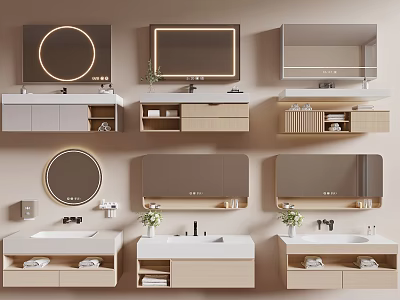 Modern Bathroom Vanity Sinks With Wall Mounted Mirrors Cabinets And Plants 3d model