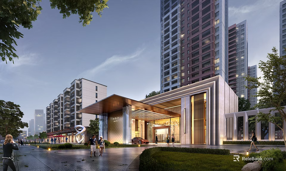 Modern Residential Entrance Building With High Rise Towers And Landscaped Surroundings 3d model 