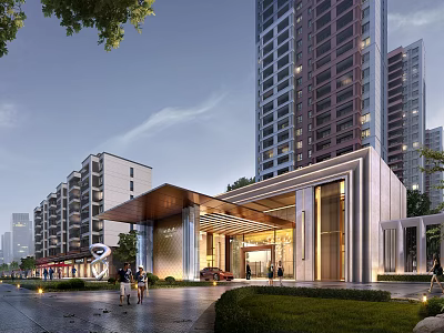 Modern Residential Entrance Building With High Rise Towers And Landscaped Surroundings 3d model