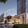 Modern Residential Entrance Building With High Rise Towers And Landscaped Surroundings