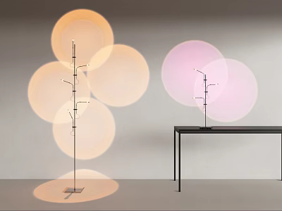 Modern Floor Lamp With Multiple Circular Shades And Warm Pink Orange Glowing Light Effects 3d model