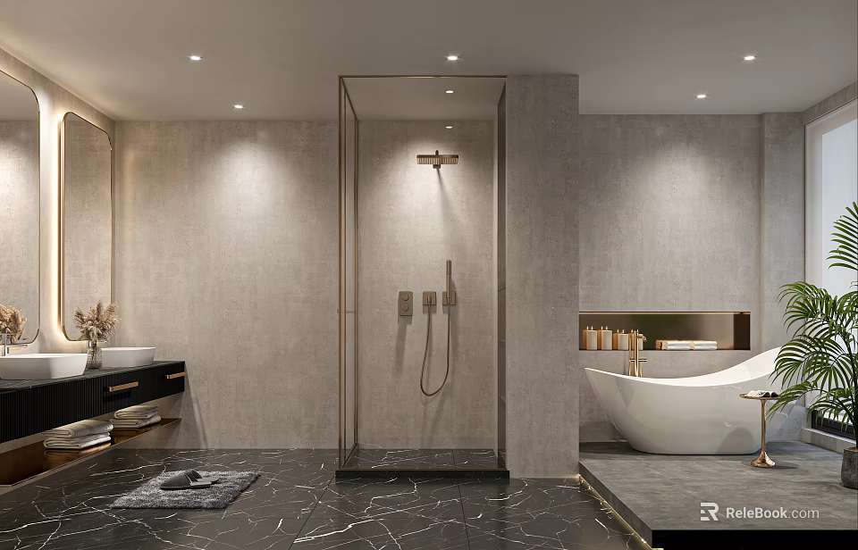 Modern Bathroom Interior With Glass Shower Freestanding Tub And Sink 3d model 