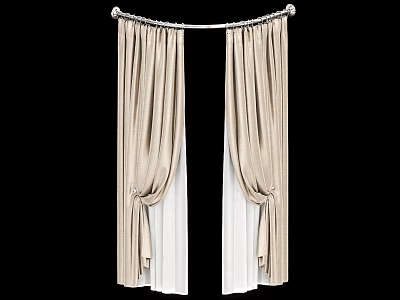 Elegant Beige Pleated Curtains With White Lining And Decorative Rod 3d model