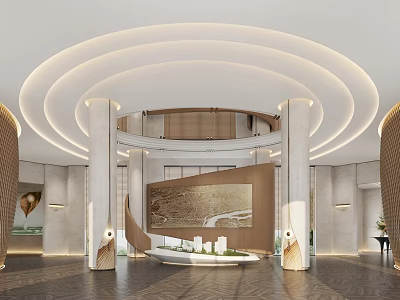 Modern Sales Office Interior Design With Circular Ceiling Columns And Decorative Painting 3d model