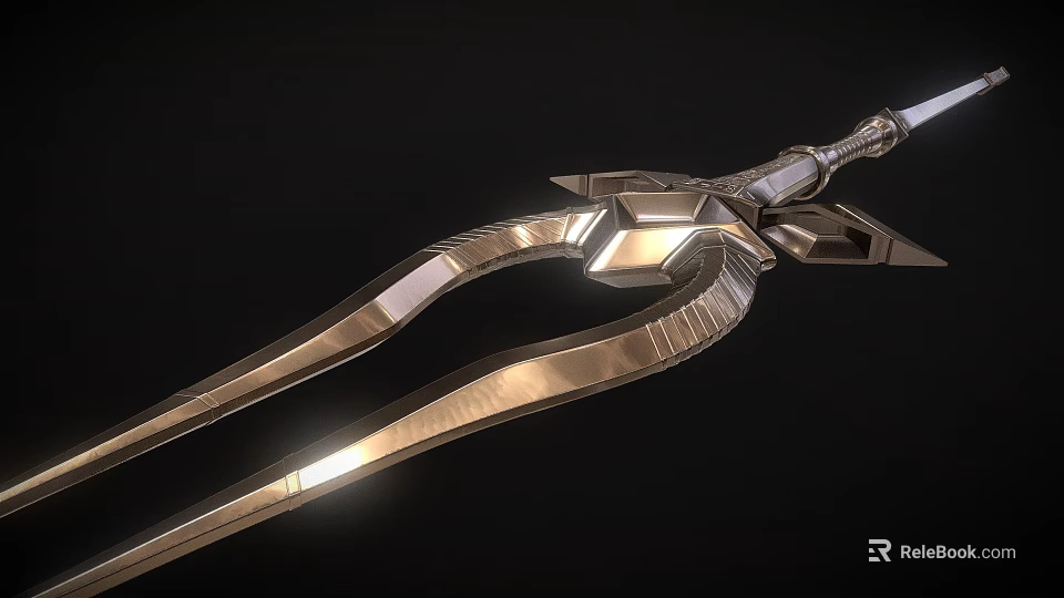 Golden Metallic Fantasy Weapon Design With Sharp Blades And Intricate Structure 3d model